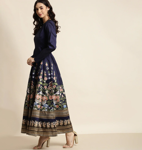 Navy Blue Floral Anarkali Maxi Dress
